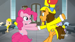 Size: 1920x1080 | Tagged: safe, screencap, banana mash, cheese sandwich, lavender chuckle, pinkie pie, pony, g4, the last laugh, background pony, bipedal, clothes, dancing, discovery family logo, duo focus, eye contact, factory, female, gag factory, hat, looking at each other, male, mare, stallion, top hat, tuxedo, unnamed character, unnamed pony