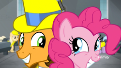 Size: 1920x1080 | Tagged: safe, screencap, banana mash, cheese sandwich, lavender chuckle, pinkie pie, pony, g4, the last laugh, back to back, background pony, clothes, dancing, discovery family logo, duo focus, eye contact, factory, female, gag factory, hat, looking at each other, male, mare, stallion, top hat, tuxedo, unnamed character, unnamed pony