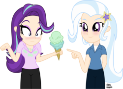 Size: 1370x988 | Tagged: safe, artist:anime-equestria, starlight glimmer, trixie, human, equestria girls, g4, alternate hairstyle, blushing, breasts, busty starlight glimmer, cleavage, clothes, dropped ice cream, duo, embarrassed, eyeshadow, food, human coloration, ice cream, makeup, pointing, shirt, simple background, smiling, transparent background, vector
