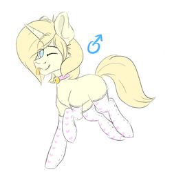 Size: 3002x2995 | Tagged: safe, artist:maximkoshe4ka, oc, oc only, oc:tender glow, pony, unicorn, ;p, bell, bell collar, clothes, collar, femboy, heart, high res, male, missing cutie mark, one eye closed, raised hoof, raised leg, simple background, socks, solo, stallion, stockings, thigh highs, tongue out, white background, wink