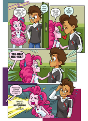 Size: 1859x2554 | Tagged: safe, artist:art-2u, pinkie pie, oc, oc:copper plume, comic:the copperpie chronicles, equestria girls, equestria girls series, g4, about to kiss, angry, blushing, bow, canon x oc, canterlot high, clothes, comic, commission, commissioner:imperfectxiii, copperpie, embarrassed, female, freckles, geode of sugar bombs, glasses, imminent kissing, implied humane six, interrupted, jeans, laughing, lockers, magical geodes, male, neckerchief, pants, pantyhose, shipping, shirt, shoop da whoop, skirt, straight, yelling