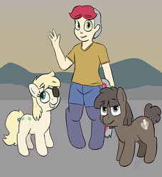Size: 1041x1143 | Tagged: safe, artist:heretichesh, oc, oc only, oc:brick pie, oc:mortise, oc:sugar beet, earth pony, pony, satyr, clothes, colt, female, filly, friends, male, offspring, parent:limestone pie, shirt, shorts