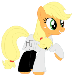 Size: 378x395 | Tagged: safe, artist:hubfanlover678, artist:selenaede, applejack, earth pony, pony, g4, base used, black trousers, clothes, female, freckles, gi, hatless, kanji, karate, mare, martial arts, missing accessory, pants, raised hoof, robe, simple background, solo, white background, white belt