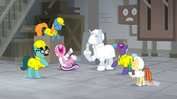 Size: 1920x1080 | Tagged: safe, screencap, giggleberry, lavender flask, lemon honey, platinum cure, earth pony, pony, unicorn, g4, the last laugh, background pony, booties, clothes, discovery family logo, factory, fake nose, female, food, gag factory, hard hat, hoof hold, lab coat, laughing, male, mare, pareidolia, rofl, stallion, teenager, unnamed character, unnamed pony, whipped cream