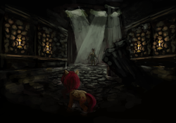 Size: 3001x2105 | Tagged: safe, artist:misstwipietwins, fluttershy, pegasus, pony, fanfic:deep down in the dungeon walls, g4, amnesia: the dark descent, brute, candle, crossover, fanfic art, high res, ruin