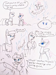 Size: 3024x4032 | Tagged: safe, artist:erynerikard, derpibooru exclusive, maud pie, ocellus, changedling, changeling, earth pony, pony, g4, bumblebee (movie), comic, disguise, disguised changeling, parody, rock, rockellus, scene parody, traditional art, transformers