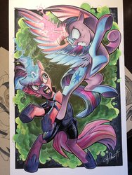 Size: 1536x2048 | Tagged: safe, artist:andypriceart, tempest shadow, twilight sparkle, alicorn, pony, unicorn, g4, armor, badass, bite mark, blood, broken horn, commission, duo, eye scar, female, fight, flying, glowing horn, hoof shoes, horn, injured, mare, rearing, scar, sparking horn, traditional art, twilight sparkle (alicorn)