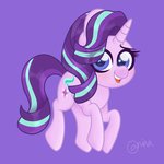 Size: 2182x2185 | Tagged: safe, artist:ninnydraws, starlight glimmer, pony, unicorn, cute, female, full body, glimmerbetes, high res, looking at you, mare, open mouth, purple background, simple background, smiling, solo