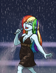 Size: 2550x3300 | Tagged: safe, artist:latecustomer, rainbow dash, equestria girls, black dress, breasts, busty rainbow dash, cleavage, clothes, commission, commissioner:ajnrules, dress, eyes closed, female, high res, little black dress, microphone, rain, rainbow dash always dresses in style, singing, singing in the rain, smiling, solo, wet, wet clothes, wet dress