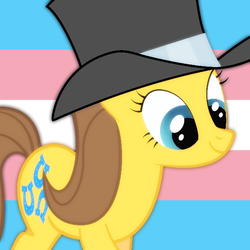 Size: 600x600 | Tagged: safe, artist:fuzzywuff, edit, caramel, toffee, earth pony, pony, g4, female, gender headcanon, hat, icon, lgbt headcanon, mare, pride, profile picture, solo, top hat, trans rights, transgender, transgender pride flag