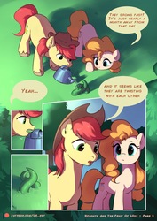 Size: 1448x2048 | Tagged: safe, artist:luciferamon, bright mac, pear butter, earth pony, pony, comic:sprouts & the fruit of love, g4, apple tree, comic, cowboy hat, dialogue, female, hat, male, mare, pear tree, plant, sprout, stallion, stetson, text, tree, watering can