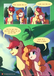 Size: 1448x2048 | Tagged: safe, artist:luciferamon, bright mac, pear butter, earth pony, pony, comic:sprouts & the fruit of love, g4, apple tree, comic, cowboy hat, dialogue, ear fluff, female, hat, male, mare, pear tree, plant, ship:brightbutter, shipping, sprout, stallion, stetson, straight, text, tree