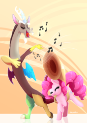 Size: 2105x2966 | Tagged: safe, artist:zlayd-oodles, discord, pinkie pie, draconequus, earth pony, pony, g4, commission, cute, diapinkes, discute, fanfic art, female, high res, mare, music notes, musical instrument, singing, tuba