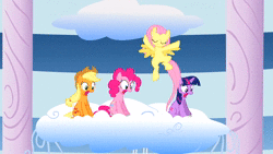 Size: 1920x1080 | Tagged: safe, screencap, applejack, fluttershy, pinkie pie, twilight sparkle, earth pony, pegasus, pony, unicorn, g4, sonic rainboom (episode), animated, blinking, bouncing, cheering, cloudsdale, cute, eyes closed, female, happy, jaw drop, jumping, looking down, loop, open mouth, shocked, shyabetes, sound, unicorn twilight, webm