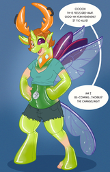 Size: 800x1239 | Tagged: safe, artist:hornbuckle, thorax, changedling, changeling, human, inflatable pony, pooltoy pony, g4, barefoot, clothes, feet, female, female to male, human to changeling, inflatable, inflation, king thorax, latex, living toy, male, pool toy, pvc, rubber, rule 63, smiling, solo, transformation, transformation sequence, transgender transformation, valve