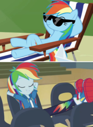 Size: 914x1254 | Tagged: safe, screencap, rainbow dash, pegasus, pony, equestria girls, g4, too many pinkie pies, arm behind head, awesome, chair, chillaxing, cooler, counterparts, crossed legs, cute, eyes closed, female, mare, pose, solo, sunbathing, sunglasses