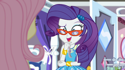 Size: 1910x1071 | Tagged: safe, screencap, fluttershy, rarity, costume conundrum, equestria girls, equestria girls series, g4, my little pony equestria girls: choose your own ending, spoiler:eqg series (season 2), bracelet, clothes rack, costume conundrum: rarity, female, geode of shielding, glasses, jewelry, magical geodes, measuring tape, open mouth, raised eyebrow, rarity's bedroom, rarity's glasses, smiling