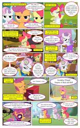 Size: 791x1268 | Tagged: safe, artist:lyntermas, artist:newbiespud, edit, edited screencap, screencap, apple bloom, scootaloo, sweetie belle, earth pony, pegasus, pony, unicorn, comic:friendship is dragons, g4, bow, clothes, comic, costume, cutie mark crusaders, dialogue, erlenmeyer flask, eyes closed, female, filly, flask, flower, flower in hair, goggles, hair bow, lab coat, musical instrument, piano, scarf, screencap comic, singing, smiling, smirk
