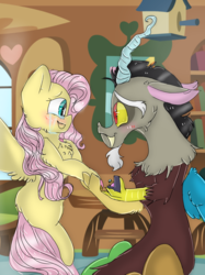 Size: 899x1200 | Tagged: safe, artist:cocolove2176, discord, fluttershy, draconequus, pegasus, pony, g4, blushing, chest fluff, cottage, crying, cute, discute, female, jewelry, male, marriage proposal, ring, ship:discoshy, shipping, shyabetes, straight, tears of joy, wedding ring, wing fluff