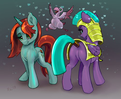 Size: 2231x1823 | Tagged: safe, artist:xbi, crackle cosette, queen chrysalis, vanguard cover, goose, pegasus, pony, unicorn, g4, the summer sun setback, armor, butt, disguise, disguised changeling, duality, featureless crotch, female, gradient background, guardsmare, mare, multeity, plot, royal guard, royal guard armor, self ponidox, solo