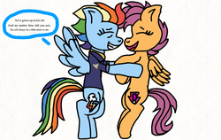 Size: 1548x981 | Tagged: safe, rainbow dash, scootaloo, pegasus, pony, g4, the last problem, clothes, female, mare, older, older rainbow dash, older scootaloo, simple background, smiling, spoiler, text, white background, wings