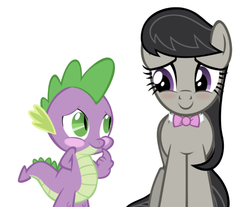 Size: 750x620 | Tagged: safe, artist:zacatron94, edit, editor:undeadponysoldier, octavia melody, spike, dragon, earth pony, pony, g4, blush sticker, blushing, bowtie, cute, daaaaaaaaaaaw, female, in love, looking at each other, male, mare, ship:spiketavia, shipping, simple background, spikabetes, straight, tavibetes, vector, white background