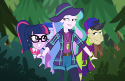 Size: 1676x1080 | Tagged: safe, screencap, cranky doodle donkey, princess celestia, princess luna, principal celestia, sci-twi, twilight sparkle, vice principal luna, equestria girls, g4, my little pony equestria girls: better together, the road less scheduled, the road less scheduled: celestia, backwards ballcap, baseball cap, bracelet, cap, clothes, cropped, cute, duckery in the description, excited, feather, feather necklace, female, flannel, flannel shirt, glasses, grin, hat, jewelry, male, music festival outfit, necklace, outdoors, ponytail, principal and student, shorts, siblings, sisters, smiling, squee, teacher and student, twiabetes, watch, when she smiles, wristwatch