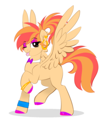 Size: 1024x1227 | Tagged: safe, artist:whitehershey, oc, oc only, oc:carrot spring, pegasus, pony, bowtie, ear piercing, earring, female, hoof polish, jewelry, makeup, mare, one eye closed, piercing, raised hoof, simple background, solo, tongue out, transparent background, wink