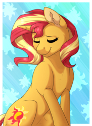 Size: 1230x1690 | Tagged: safe, artist:silentwolf-oficial, sunset shimmer, pony, unicorn, g4, abstract background, cute, ear fluff, eyes closed, female, shimmerbetes, signature, sitting, smiling, solo