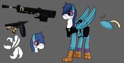 Size: 1920x976 | Tagged: safe, artist:wyntermoon, oc, oc only, oc:dook, earth pony, griffon, pony, fallout equestria, amputee, armor, commission, docked, docked tail, gun, male, missing limb, reference sheet, rifle, sniper rifle, stallion, stump, submachinegun, talon merc, weapon