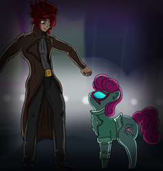 Size: 5700x6000 | Tagged: safe, artist:undisputed, oc, oc only, oc:crimson sky, oc:glitter frock, human, pony, clothes, duo, duster, fanfic art, female, glasses, jacket, male, mare, smiling