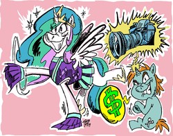 Size: 1280x1003 | Tagged: safe, artist:grotezco, princess celestia, snips, pony, 2 4 6 greaaat, g4, aura, big grin, camera, cheerleader, cheerleader celestia, cheerleader outfit, clothes, dollar sign, evil smile, glowing horn, greed, grin, horn, lavender background, le happy merchant, looking at you, magic, photo shoot, pom pom, rubbing hooves, sillestia, silly, simple background, smiling, sparkles, spread wings, telekinesis, wings