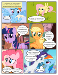 Size: 612x792 | Tagged: safe, artist:newbiespud, edit, edited screencap, screencap, applejack, fluttershy, pinkie pie, rainbow dash, rarity, twilight sparkle, earth pony, pegasus, pony, unicorn, comic:friendship is dragons, g4, book, comic, dialogue, female, frown, golden oaks library, letter, looking up, mane six, mare, raised hoof, screencap comic, unicorn twilight