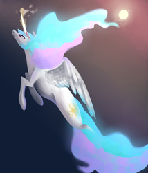 Size: 856x1000 | Tagged: safe, artist:theo-0, princess celestia, alicorn, pony, g4, ethereal mane, ethereal tail, female, flying, glowing horn, horn, leaping, mare, solo, sun