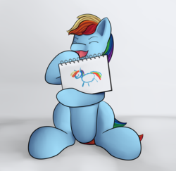 Size: 1800x1750 | Tagged: safe, artist:einboph, rainbow dash, pegasus, pony, g4, cute, eyes closed, female, laughing, proud, sitting, sketch book, smiling, solo