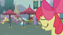 Size: 1280x720 | Tagged: safe, screencap, apple bloom, carrot top, golden harvest, lightning bolt, parasol, ponet, silver script, strawberry cream, white lightning, earth pony, pegasus, pony, unicorn, g4, hearts and hooves day (episode), background pony, banner, blushing, cup, date, eyes closed, female, filly, hearts and hooves day, male, mare, menu, parascript, parasol (umbrella), ponyville, reading, sitting, stallion, straight, straw, umbrella