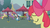 Size: 1280x720 | Tagged: safe, screencap, apple bloom, carrot top, golden harvest, lightning bolt, parasol, ponet, silver script, strawberry cream, white lightning, earth pony, pegasus, pony, unicorn, g4, hearts and hooves day (episode), background pony, banner, blushing, cup, date, eyes closed, female, filly, hearts and hooves day, male, mare, menu, parasol (umbrella), ponyville, reading, ship:parascript, ship:ponetbolt, sitting, stallion, straight, straw, umbrella