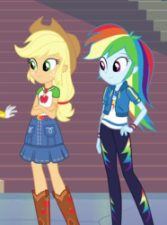Size: 497x667 | Tagged: safe, screencap, applejack, rainbow dash, rarity, equestria girls, fluttershy's butterflies, g4, my little pony equestria girls: better together, applejack's hat, blonde hair, boots, bracelet, clothes, cowboy boots, cowboy hat, cropped, crossed arms, denim skirt, duo, female, geode of super speed, geode of super strength, hand on hip, hat, jewelry, magical geodes, multicolored hair, offscreen character, rainbow hair, shoes, skirt