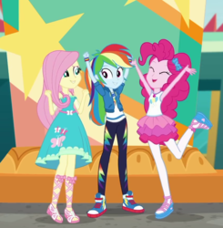 Size: 839x857 | Tagged: safe, artist:brightstar40k, fluttershy, pinkie pie, rainbow dash, equestria girls, equestria girls specials, g4, my little pony equestria girls: better together, my little pony equestria girls: rollercoaster of friendship, armpits, clothes, cropped, dress, eyes closed, eyeshadow, female, geode of empathy, geode of fauna, geode of shielding, geode of sugar bombs, geode of super speed, geode of super strength, geode of telekinesis, magical geodes, makeup, sandals, shoes, sneakers, toes, trio, trio female, varying degrees