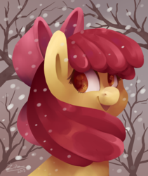 Size: 1068x1268 | Tagged: safe, artist:tu-kierownik, apple bloom, earth pony, pony, g4, bow, female, filly, hair bow, lineless, looking at you, looking back, looking back at you, smiling, snow, solo, tree, winter
