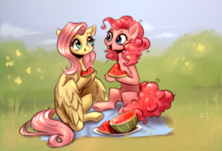 Size: 2000x1364 | Tagged: safe, artist:vincher, fluttershy, pinkie pie, earth pony, pegasus, pony, g4, duo, eating, female, food, happy, herbivore, mare, outdoors, picnic blanket, sitting, watermelon
