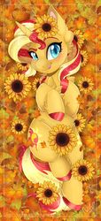 Size: 1024x2252 | Tagged: safe, artist:pvrii, sunset shimmer, pony, unicorn, g4, autumn, chest fluff, cloven hooves, colored hooves, cute, cutie mark, ear fluff, female, flower, flower in hair, leaf, leg fluff, mare, on back, shimmerbetes, smiling, solo, sunflower, tongue out
