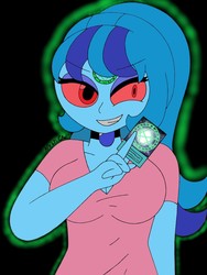 Size: 1932x2576 | Tagged: safe, artist:c_w, sonata dusk, equestria girls, g4, big breasts, breasts, busty sonata dusk, corrupted, evil grin, eyeshadow, female, glowing outline, grin, jewelry, looking at you, makeup, pendant, possessed, psychonata dusk, red eyes, seal of orichalcos, smiling, solo, yu-gi-oh!, yugioh card