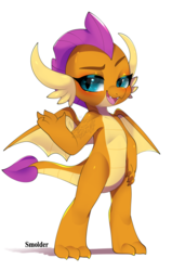 Size: 574x900 | Tagged: safe, artist:snow angel, smolder, dragon, cute, dragoness, female, looking at you, simple background, smolderbetes, solo, watermark, white background