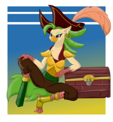 Size: 5094x5457 | Tagged: safe, artist:foylertf, captain celaeno, parrot pirates, anthro, g4, my little pony: the movie, abstract background, chest, clothes, female, hat, pirate, sitting, solo