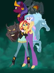 Size: 774x1033 | Tagged: safe, artist:nvc19, princess celestia, principal celestia, sunset shimmer, the sphinx, gargoyle, sphinx, werewolf, windigo, fanfic:hunts the undead series, equestria girls, g4, adopted offspring, fanfic, fanfic art, fanfic cover, female, hug, mother and daughter