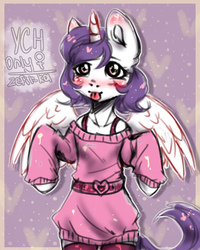 Size: 2000x2500 | Tagged: safe, artist:zefirka, alicorn, pony, semi-anthro, advertisement, arm hooves, auction, belt, bra strap, clothes, commission, female, high res, horn, mare, socks, solo, sweater, tongue out, wings, ych example, your character here