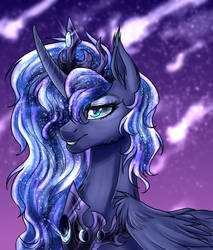 Size: 1677x1965 | Tagged: safe, artist:not-ordinary-pony, derpibooru exclusive, princess luna, alicorn, pony, g4, bust, curved horn, ear fluff, ethereal mane, female, galaxy mane, hair over one eye, horn, mare, night, portrait, solo