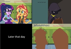 Size: 2292x1588 | Tagged: safe, artist:starman1999, sci-twi, sunset shimmer, twilight sparkle, equestria girls, g4, my little pony equestria girls: better together, bagged, comic, covered, female, geode of empathy, geode of telekinesis, grammar error, hidden face, magical geodes, misspelling