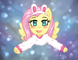 Size: 1800x1400 | Tagged: safe, artist:yumomochan, fluttershy, pegasus, pony, g4, abstract background, animal costume, blushing, bunny costume, clothes, costume, digital art, female, flying, lightning, mare, smiling, solo